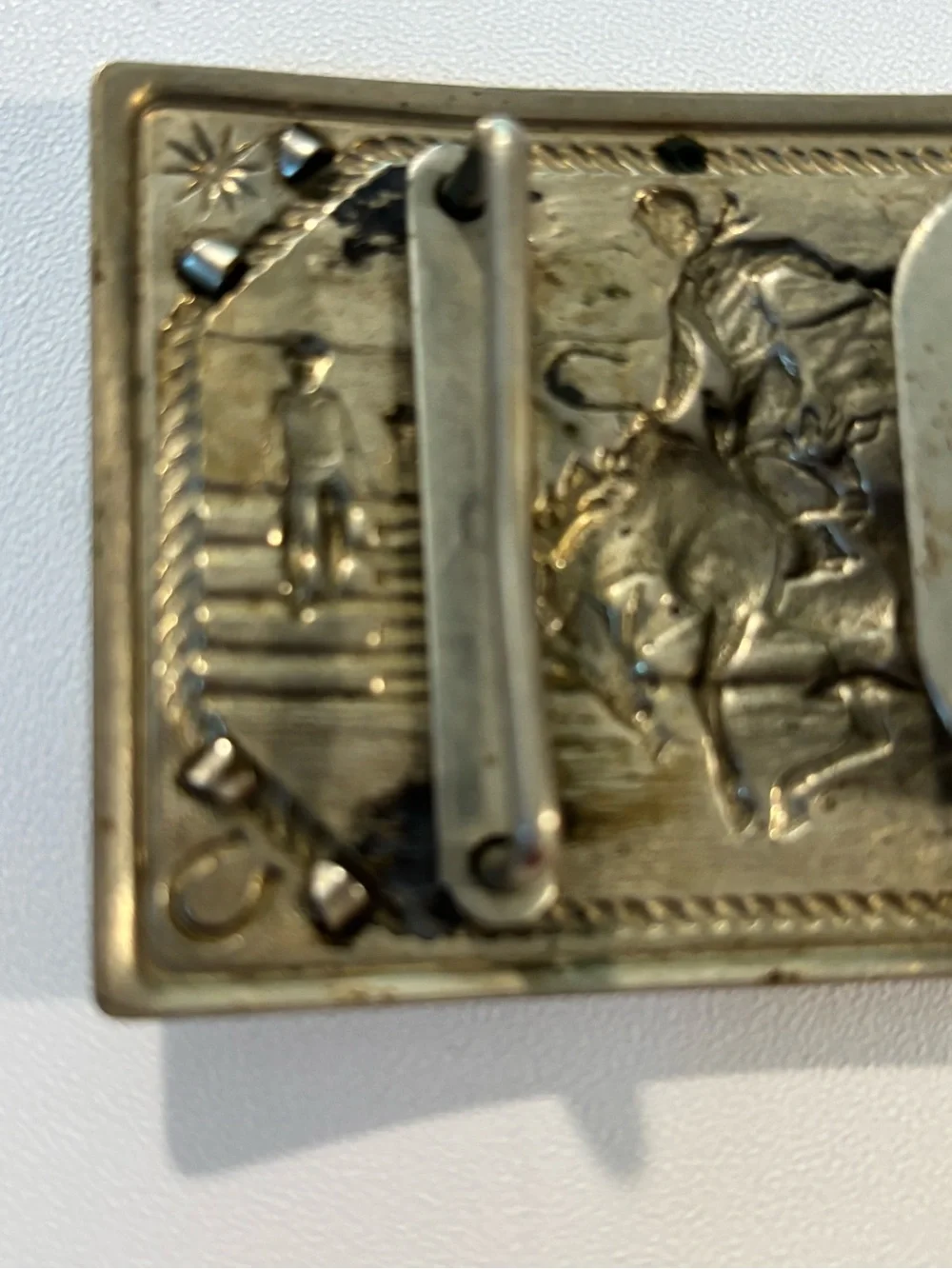 Vintage Western Motif Belt Buckle with Multicolor Stones 1940s? Cowboy